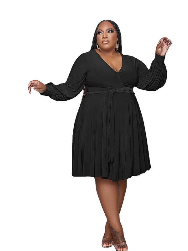 Wmstar 플러스 사이즈 원피스 XL-5XL 여성 가을 옷, V넥, 루즈한 캐주얼, 우아한 가을, 핫 세일, 맥시 원피스, 도매 직송