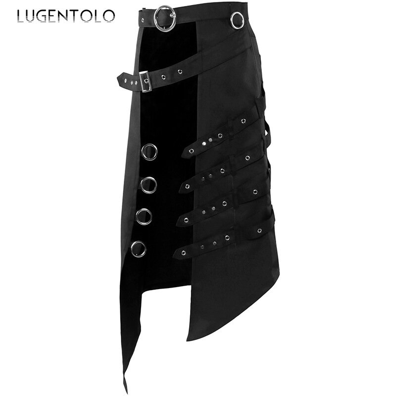 Lugentolo กระโปรงพังค์แนวร็อคสำหรับผู้ชายและผู้หญิง, กระโปรงแนวโน้มแฟชั่นวินเทจแบบไม่สมมาตรอบไอน้ำสีดำเข้ม