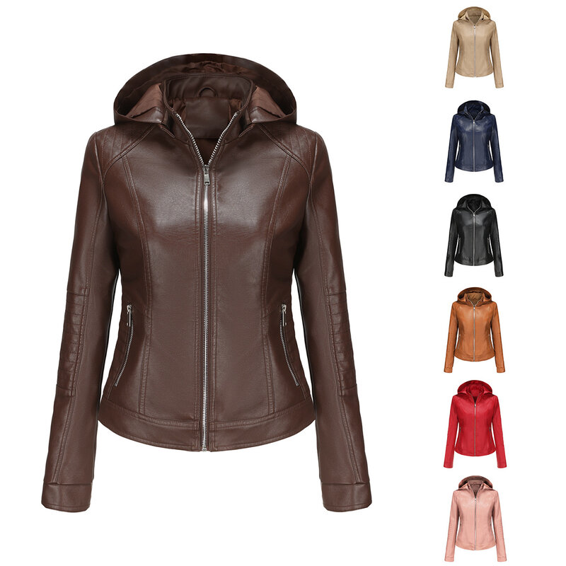 2024Women's Spring and Autumn Hooded Leather Coat Women's Detachable Hat Windproof Coat Short European casual jacket