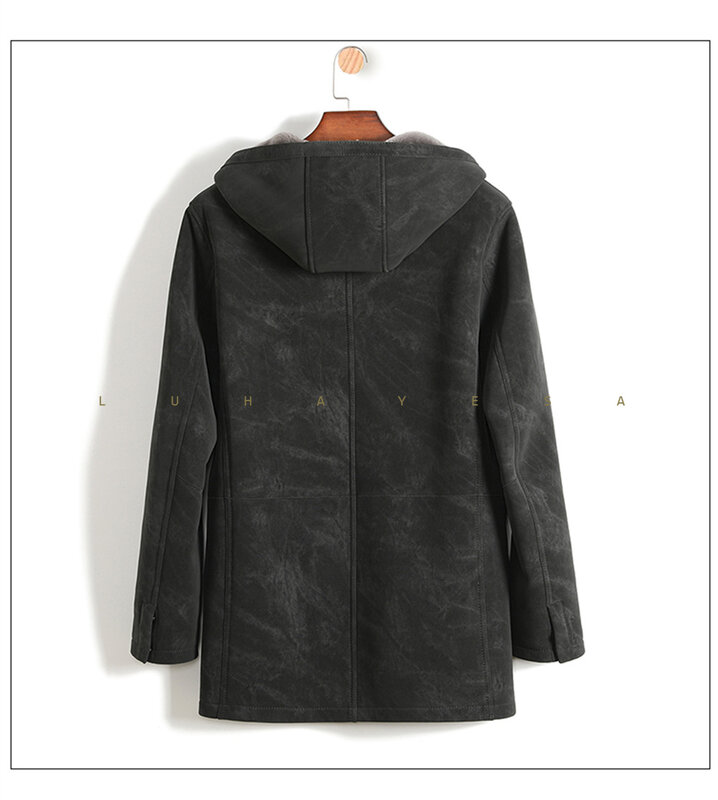 2023 LUHAYESA Hooded Men Winter Casual Daily Merino Sheepskin Shearling Fur Coats Top Quality Real Fur Jackets