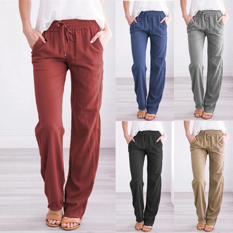 Women's Cotton Pants Solid Color High Waist Loose Soft Elastic Waist Summer Harem Pants Casual 2024 Trousers For Female
