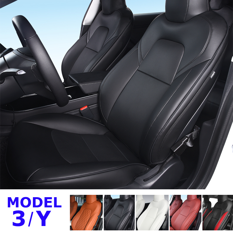 Pełny zestaw czarne pokrowce na siedzenia samochodowe Tesla Model 3 Y cztery pory roku wodoodporne, odporne na zabrudzenia skórzane wnętrze akcesoria samochodowe