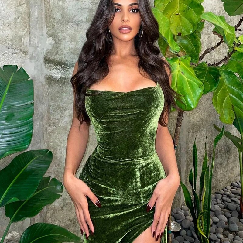 Women  Elegant Party Side Slit Backless Bodycon Sexy Prom Dress Outfit Lace Up Green Velvet Strap Maxi Dress For