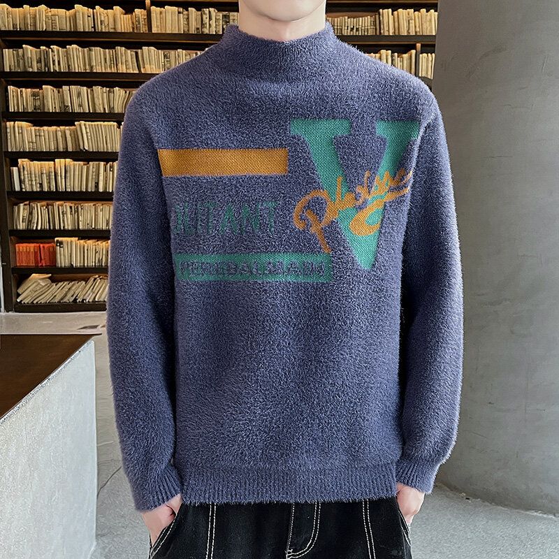 Suéter con estampado del alfabeto para hombre, jersey de manga larga con cuello redondo, grueso, para mantener el calor, moda juvenil coreana, novedad