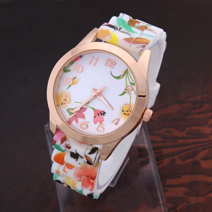 นาฬิกาข้อมือแฟชั่นสำหรับผู้หญิงนาฬิกาข้อมือควอตซ์ลำลองลายดอกไม้พิมพ์ซิลิโคน Jam Tangan anak perempuan สำหรับผู้หญิงนาฬิกาข้อมือ2023