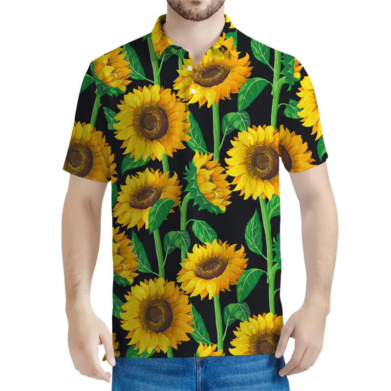 Новинка, желтая рубашка-поло с 3D-принтом подсолнуха, Мужская футболка с рисунком растений, цветов, фотографическим отворотом, летние футболки на пуговицах