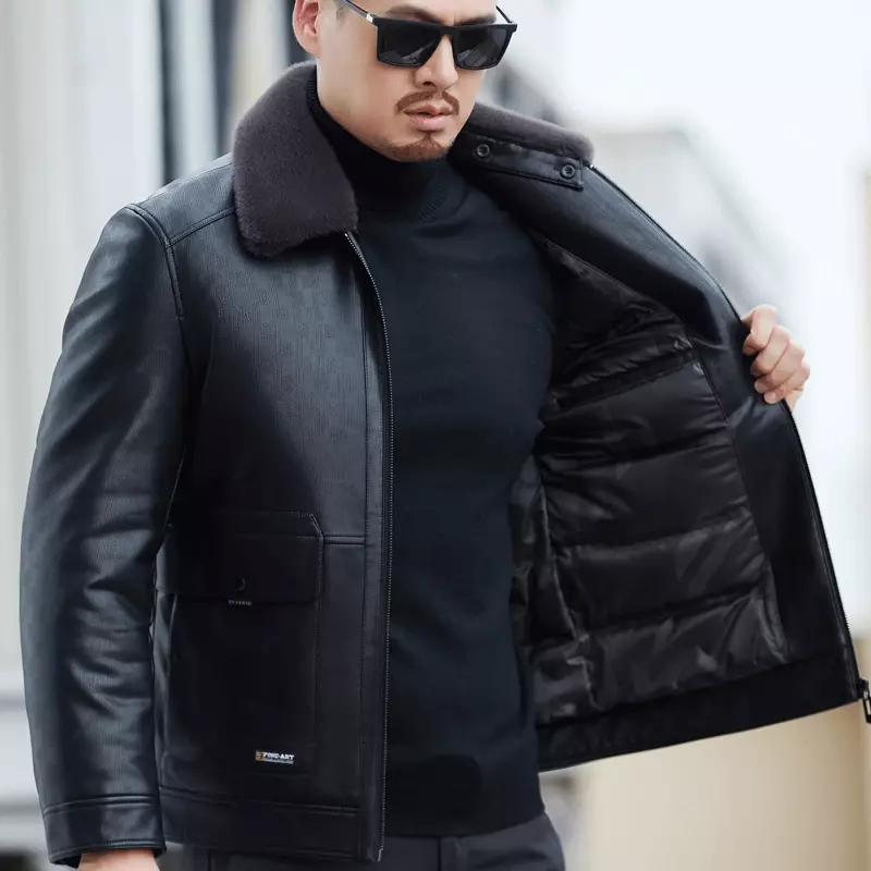 남성용 진짜 가죽 다운 재킷, 플립 칼라, 두꺼운 따뜻한 화이트 덕 다운 캐주얼 코트, ZDT-8052 겨울
