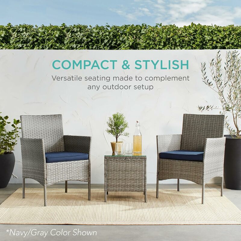 Best Choice Products 3-Piece Outdoor Wicker Conversation Bistro Set, Space Saving Patio Furniture for Yard, Garden w/ 2 Chairs,