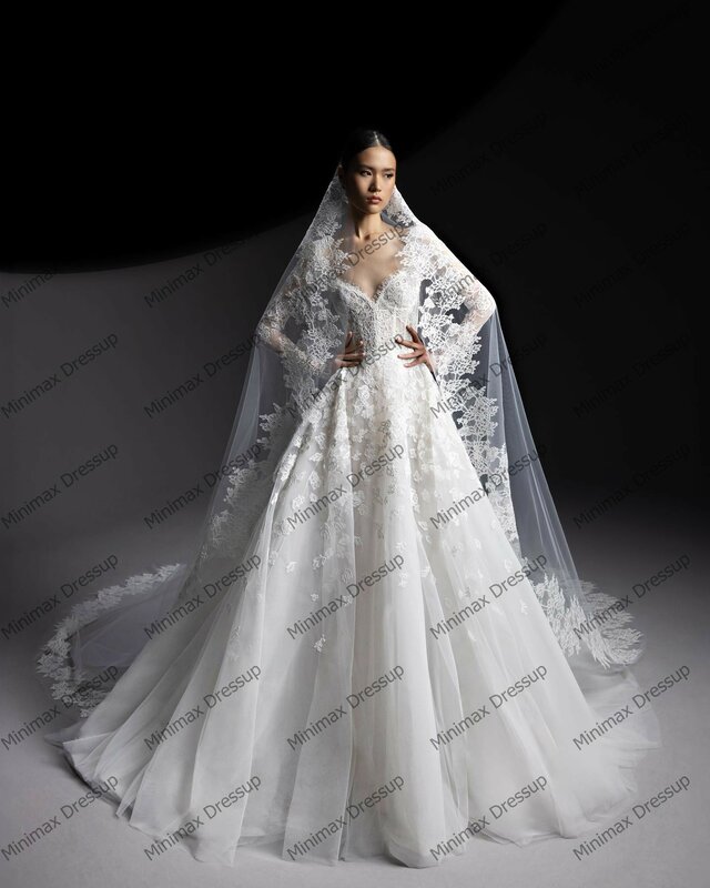 Элегантное кружевное свадебное платье с аппликацией, красивое платье с длинными рукавами, V-образным вырезом, ТРАПЕЦИЕВИДНОЕ свадебное платье, длинные платья из мягкой сетки для выпускного вечера, без вуали