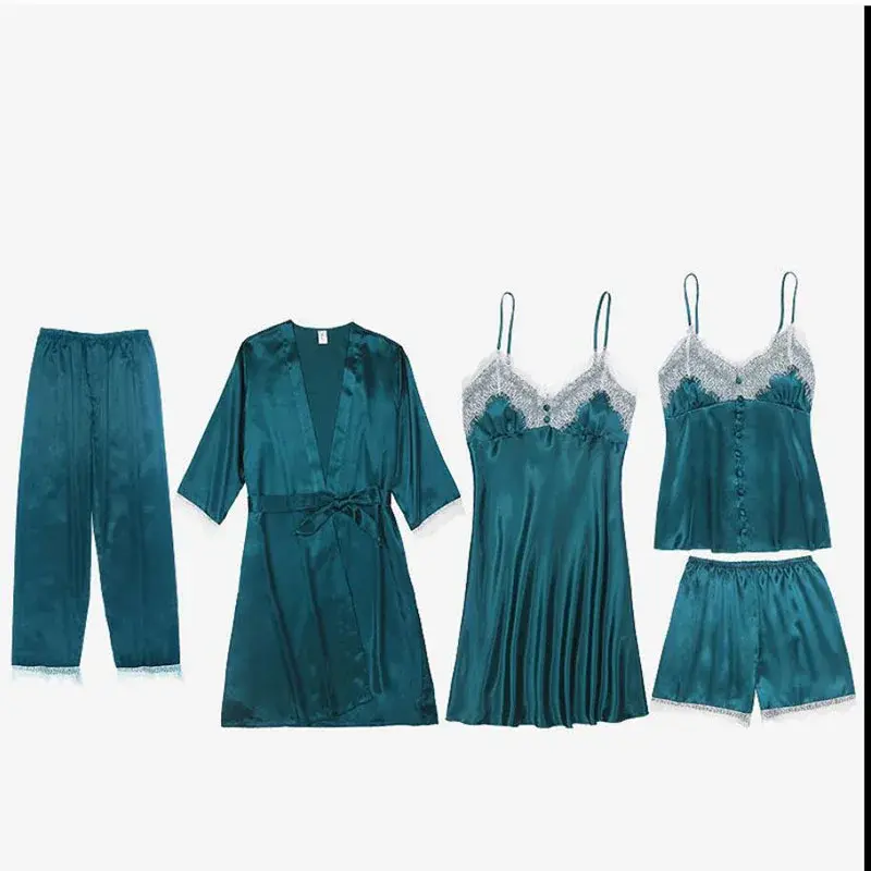 Pijama de cinco peças com almofada no peito para mulheres, casual e confortável, serviço doméstico sling, vestido de noite sexy
