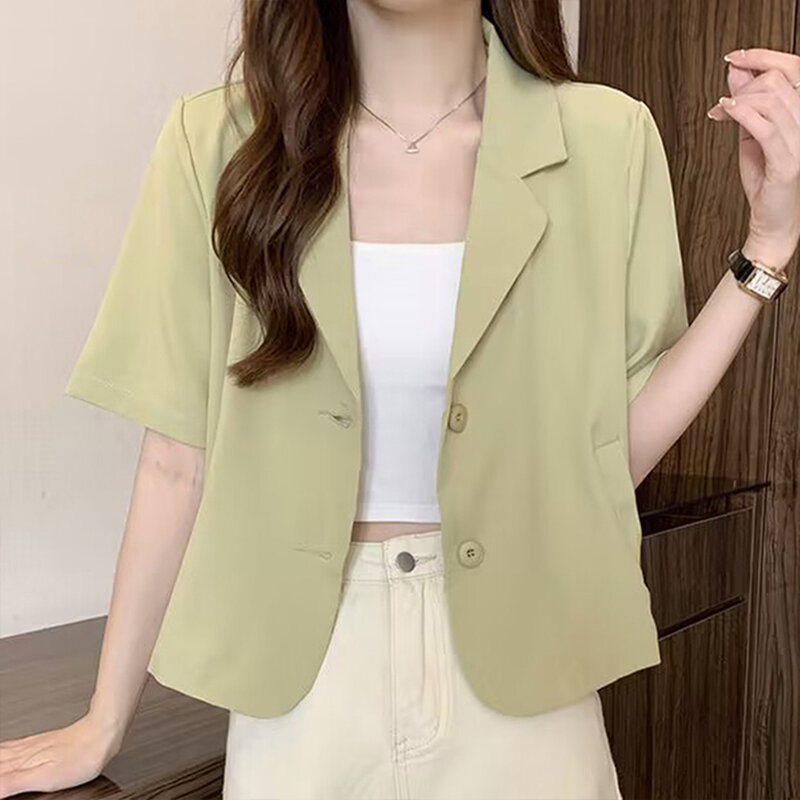Blazers de verano para mujer, chaqueta de manga corta con una hilera de botones, de Color sólido, a la moda, con estilo