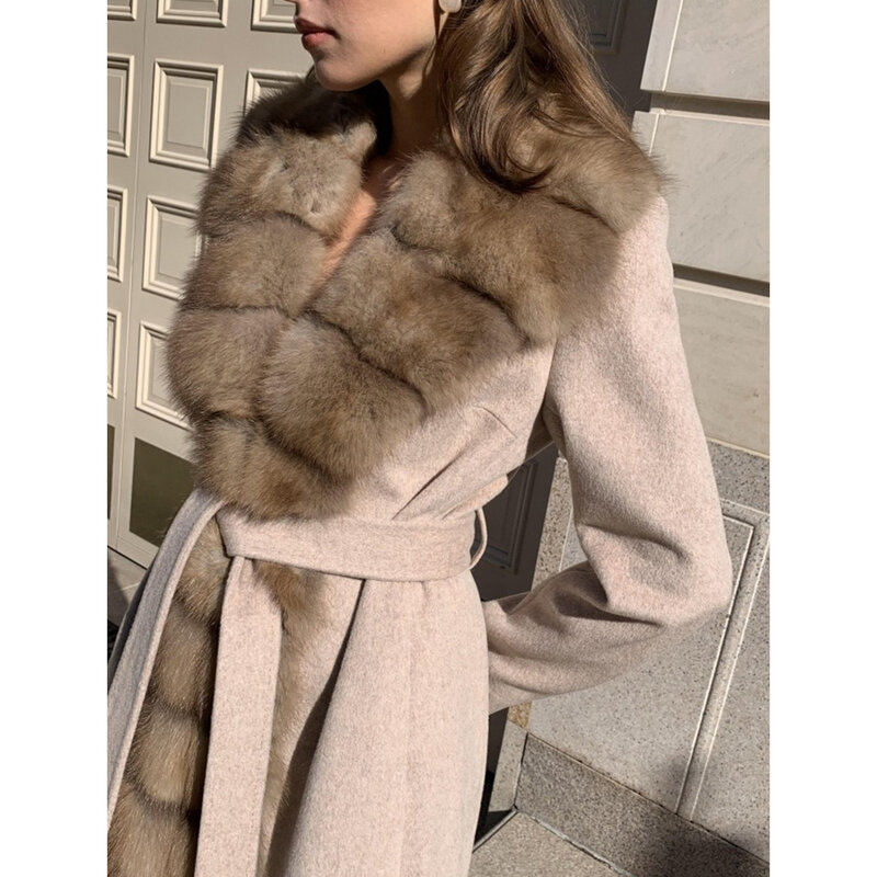 Jaket bulu musim dingin untuk wanita, mantel wol kombinasi wol panjang mewah kerah bulu rubah asli