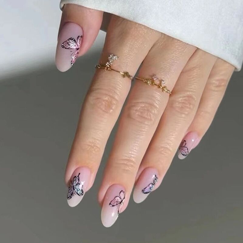 24 szt. Długie owalne sztuczne paznokcie francuskie motylki na paznokcie sztuczne paznokcie do Manicure odpinane końcówki paznokci ze sztucznego paznokcia