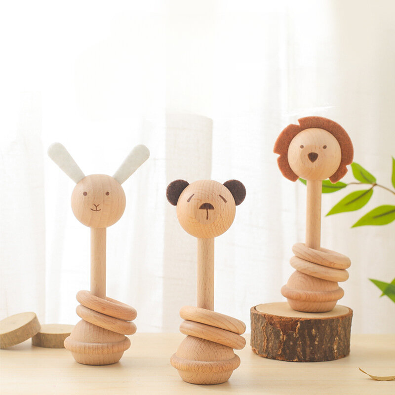 Mainan kerincingan hewan kayu untuk bayi baru lahir Teether kayu 0-12 bulan aksesori bayi kartun Novel alat perawatan bayi mainan Teether