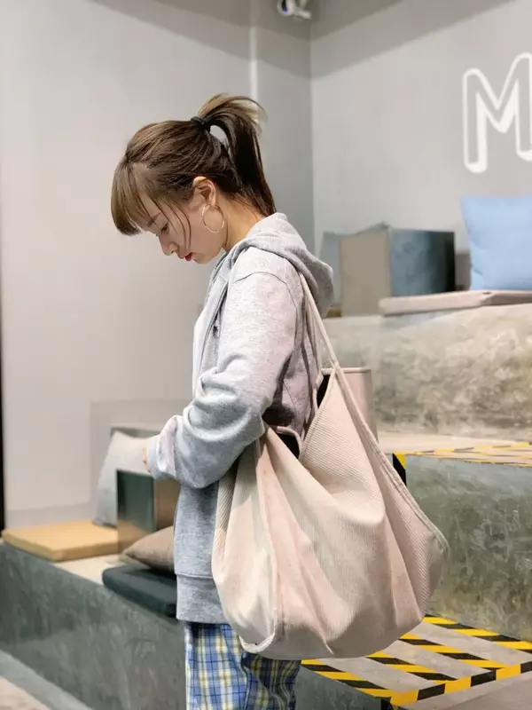 MJ02 tas belanja bahu korduroi besar untuk wanita 2023 kain katun mode tas tangan kanvas tas bepergian