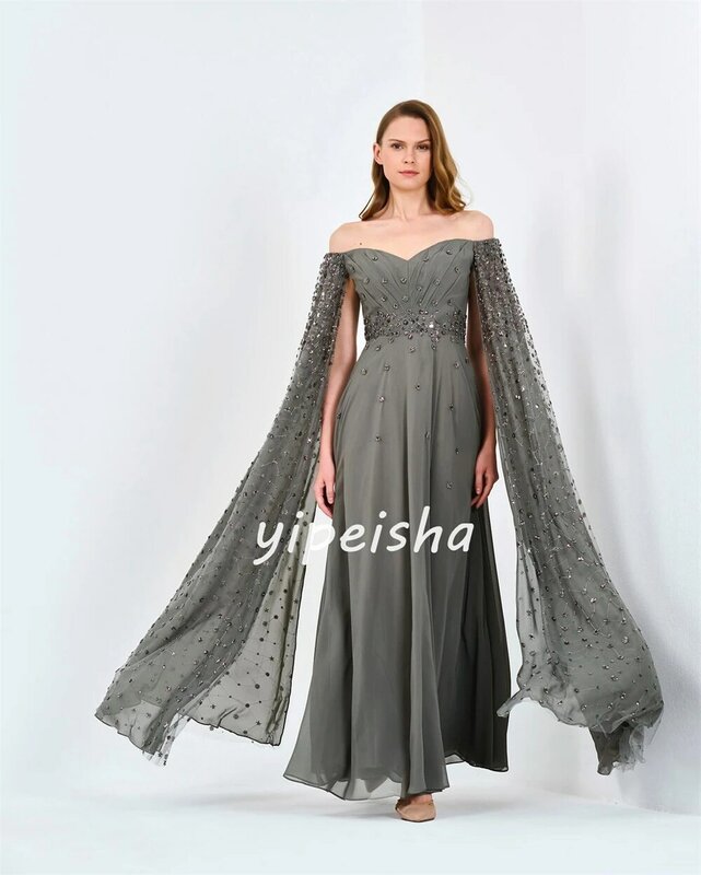 Evening Prom Dress Saudi Arabia Chiffon Draped Pleat Beading Cocktail Party A-line Off-the-shoulder Bespoke Occasion Gown