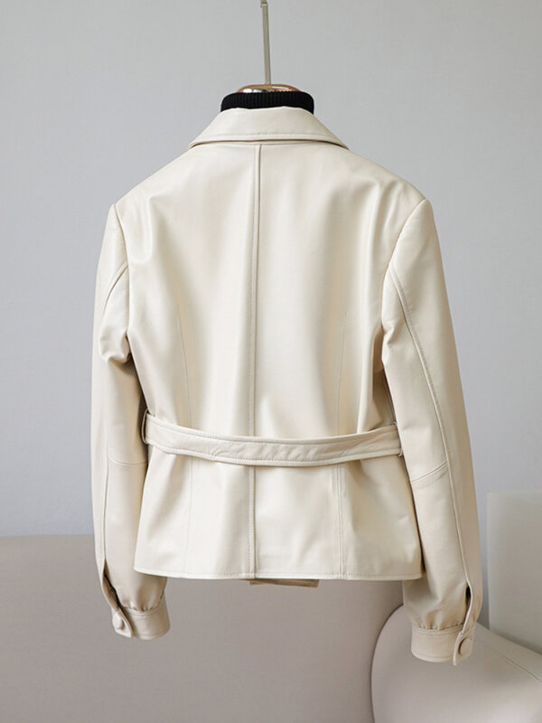 Menina bonita 2023 nova jaqueta de couro genuíno feminino casaco de pele carneiro real primavera outono moda cinto botão outerwear