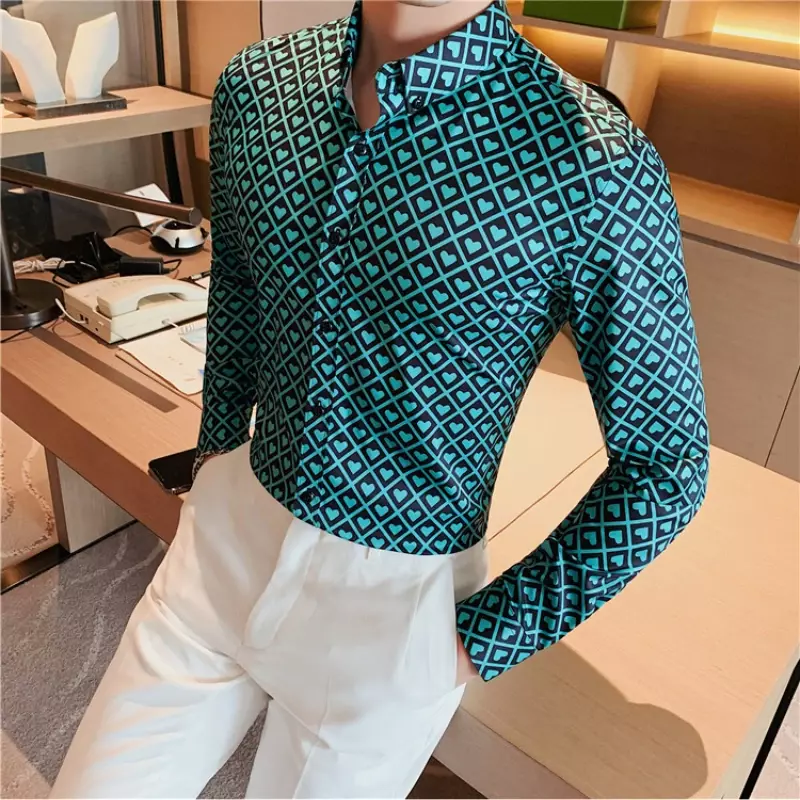 Рубашка с длинным рукавом, весна-осень, Модная приталенная деловая рубашка в клетку с принтом, Высококачественная Мужская Клубная блузка, топы, 2020