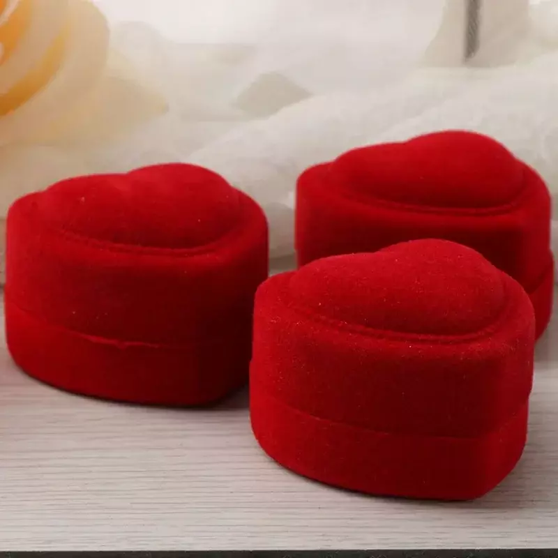 Red Flocking Heart Shape Wedding Ring Velvet Storage Boxes Jewelry Earrings Display Cases Holder Gift Box Counter Packaging