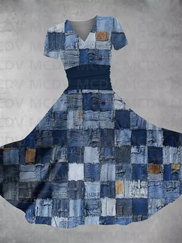 فستان طويل نسائي كلاسيكي من الدنيم مطبوع ، فستان مثير برقبة على شكل حرف V ، فساتين نسائية ، ثلاثي الأبعاد