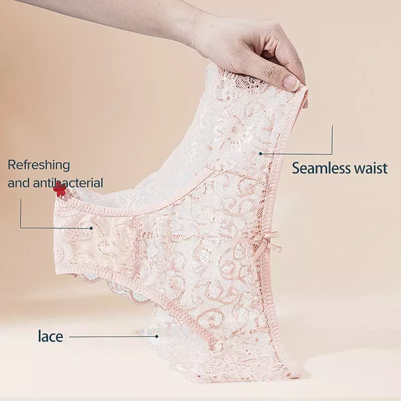 Celana dalam renda wanita, dalaman seksi berenda ukuran S M L XL transparan pita bunga lembut 3 potong/pak