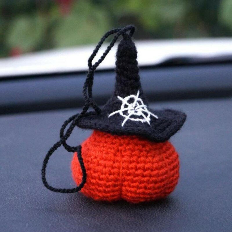 Handmade Car Hanging Ornament for Children, Thanksgiving Car Accessories, Bat Crochet, Pumpkin Hat, Gift, Pendant Decor