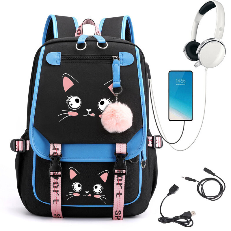 Tas ransel Laptop wanita tas sekolah anak laki-laki perempuan untuk remaja perempuan tas punggung buku siswa Wajah kucing Kawaii tas buku ransel