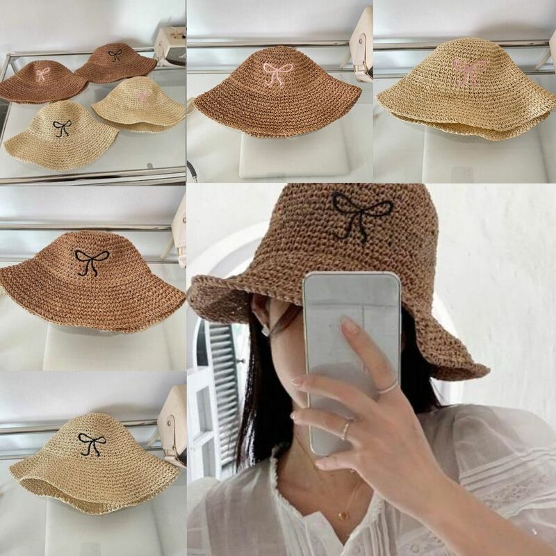 Spring Summer Bucket Hat New Quick Drying Sunscreen Staw Hats Breathable Solid Color Bow Strap Bucket Hats Outdoor Camping