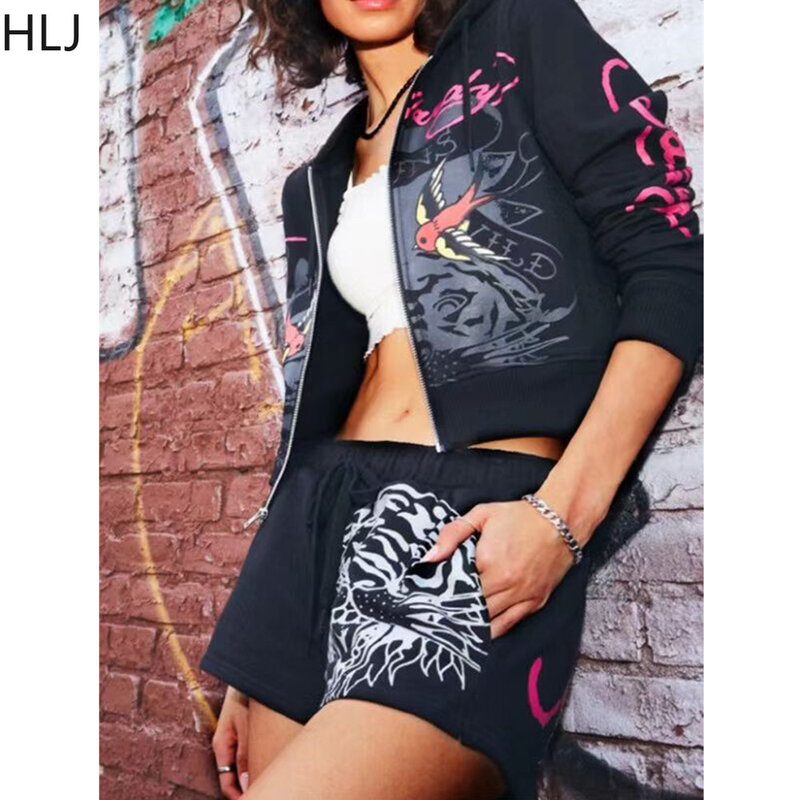 HLJ Fashion Y2K Trend Streetwear Women Hooded Zipper Long Sleeve Crop Top And Shorts Two Piece Sets Casual Female 2pcs Outfits