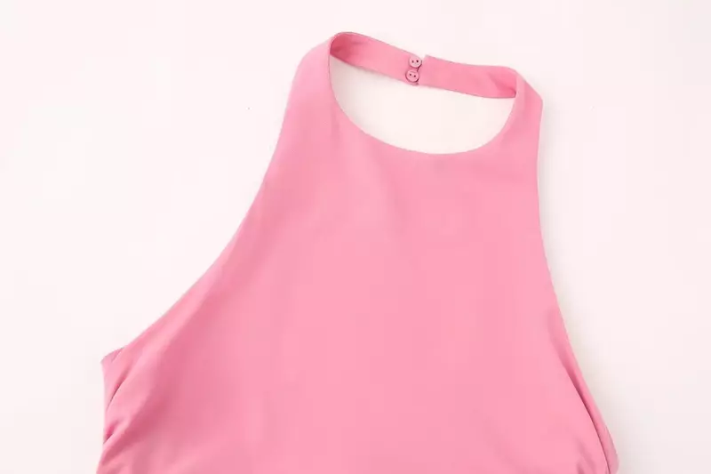 Gaun Midi tanpa lengan wanita, gaun Mujer wanita Retro leher gantung lipit dekorasi simpul belakang terbuka mode baru 2024