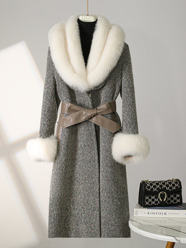 2023 Fur Coat Women's Mid length Haining Hair Large Fur Neck Coat Coarse Spinning Spliced Down Coat Winter