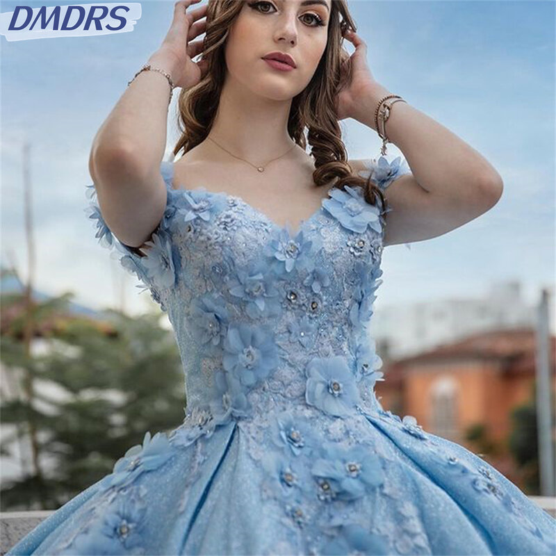 Shiny Sweetheart Shiny Quinceanera Dress Party Gown Sky Blue Princess Lace Appliques Beads Crystal Off The Shoulder For 16 Year