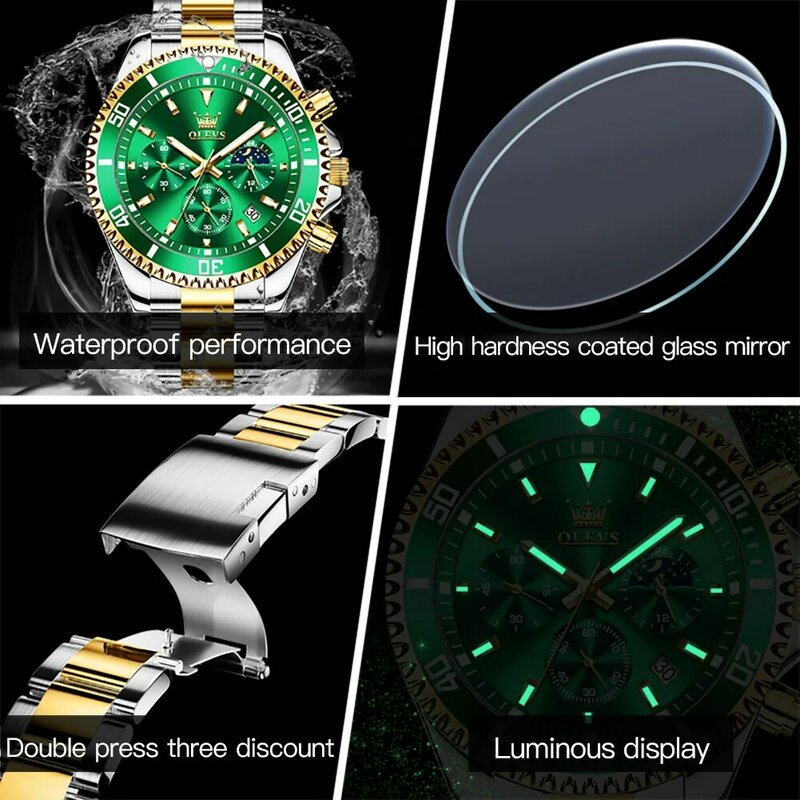 OLEVS 패션 그린 다이얼 쿼츠 시계, 스테인레스 스틸, 최고 브랜드 럭셔리 스포츠 방수 클래식 남성 야광 크로노그래프 시계