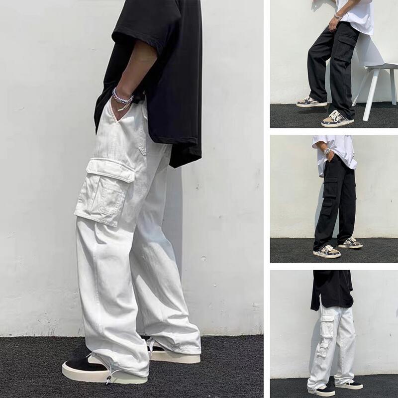 Брюки-карго мужские в стиле хоп, уличная одежда, брюки-карго с несколькими карманами, с широкими штанинами, однотонные в стиле ретро, средней длины