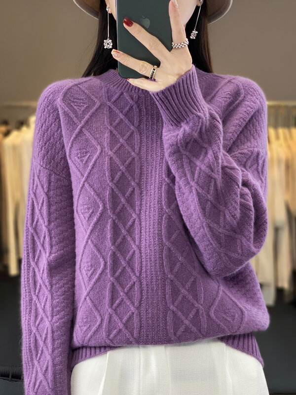 Suéter de caxemira com decote em 0 feminino 100% lã merino, pulôver grosso, manga comprida, casual, malha, moda coreana, outono, inverno