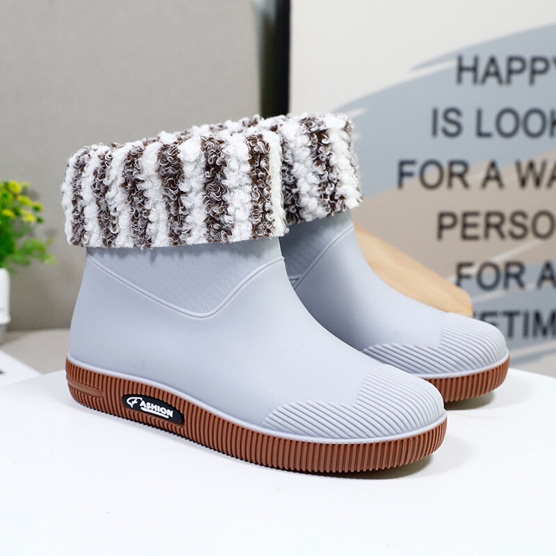 Women's Rain Boots Fashion All-match PVC Four Seasons Mid-Tube Water Shoes Rubber Shoes Plus Cotton To Keep Warm Size 36-44