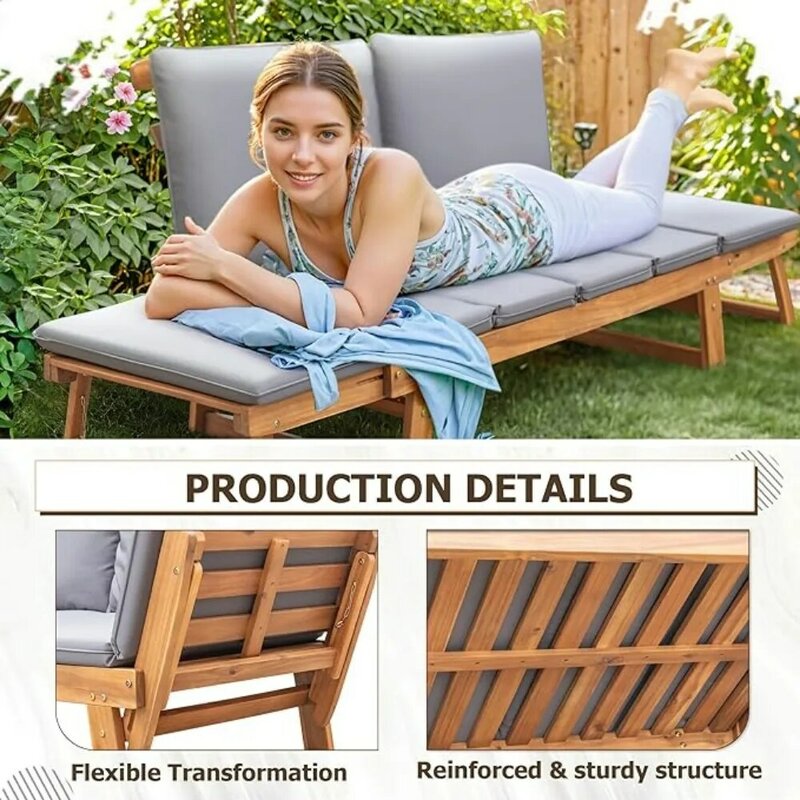 Sofá de Patio de madera de Acacia con reposabrazos ajustables, Convertible al aire libre, cojines y almohadas extraíbles