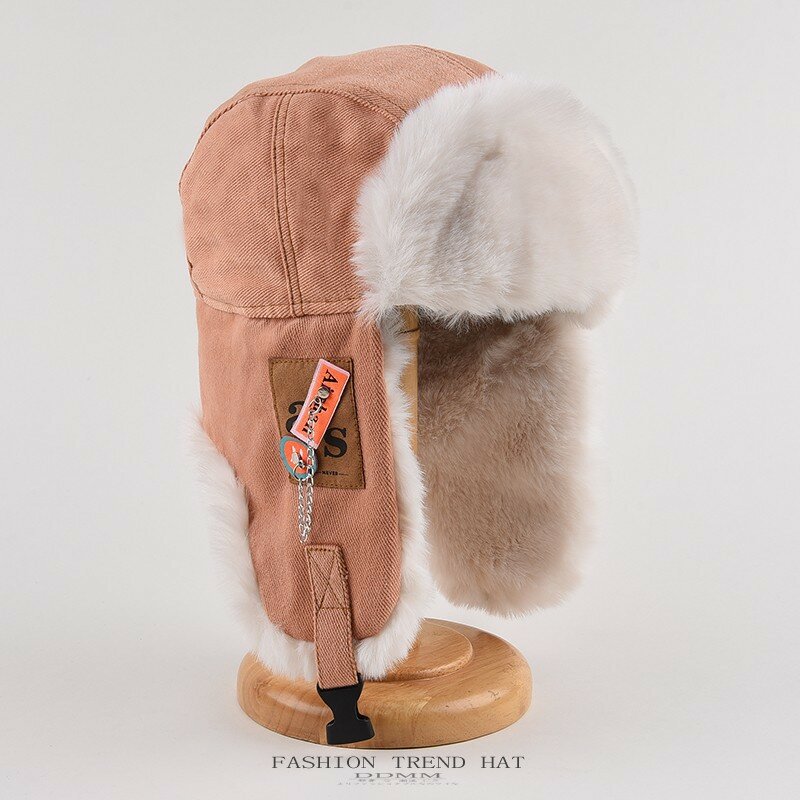 Topi Bomber topi bulu Ushanka Rusia tebal hangat pria wanita, topi Ski Rusia musim dingin hitam abu-abu dengan penutup telinga