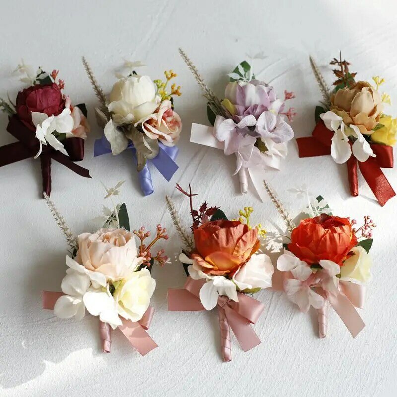 Wedding Corsage Wrist Flower para homens, rosa branca, broche de seda, acessórios de festa, nupcial, madrinha, noivo, noiva