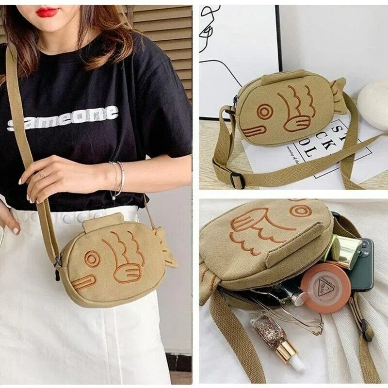 Bolso de mensajero de lona con bordado de estilo coreano para mujer, bolso de hombro con forma de pez feo de dibujos animados creativos, monedero, bolsos de mensajero