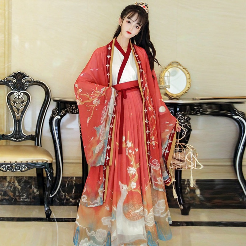 Kostum Kuno Gaya Wei Jin Tiongkok Pakaian Musim Gugur Tradisional Gaya Wanita untuk Wanita Motif Bunga Hijau Merah Hanfu