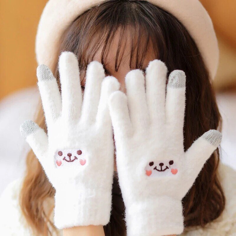 1 Pair Winter Knitted Gloves Women Warm Full Finger Gloves Touch Screen Mittens Windproof Cycling Driving Gloves