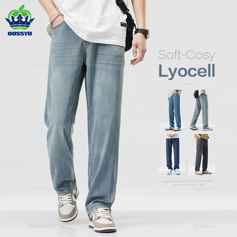 Lyocell ผ้าบางนุ่มสำหรับผู้ชายกางเกงยีนส์ขาตรงสำหรับใส่ทำงานกางเกงยีนส์ลำลองขนาดใหญ่40 42ใหม่ฤดูร้อน