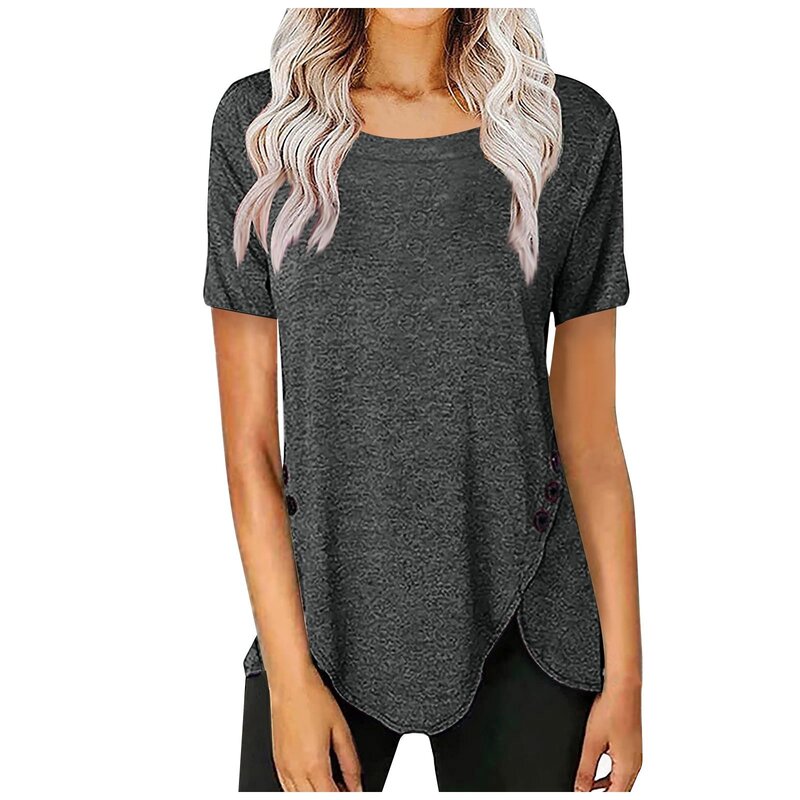 Fashion Women's Casual Solid Color Short Sleeve Button Loose Top T-shirt Топы больших размеров plus size oberteile 플러스사이즈 상의