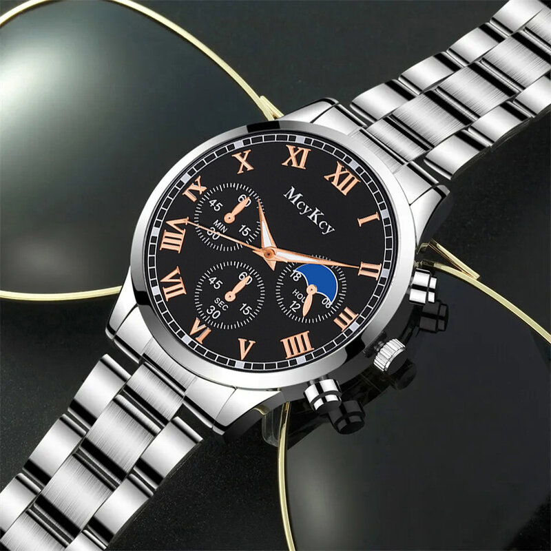 Relógio de pulso de quartzo em aço inoxidável masculino, pulseira prateada, colar, relógios de negócios, moda casual, conjunto 3 peças