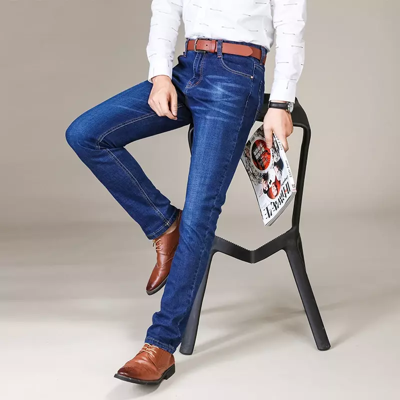 Calças de brim de negócios de moda masculina estilo clássico casual estiramento calças jeans masculinas marca denim preto azul