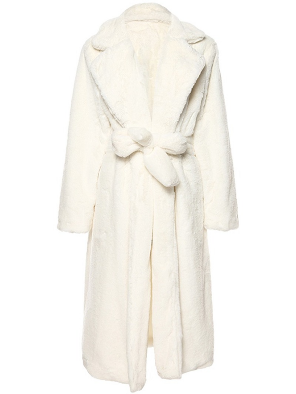 Mantel Bulu Imitasi Warna Solid Wanita Panjang Putih Berbulu Hangat D Mantel Tudung Kerah Ikat Pinggang Longgar Mode Korea 2021 Pakaian Luar