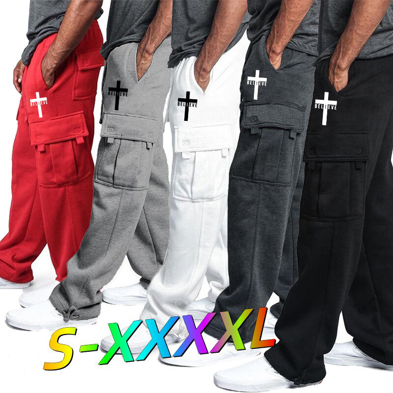 Pantalones holgados con múltiples bolsillos para hombre, pantalón informal de moda, Color sólido, pantalones Cargo con cordón