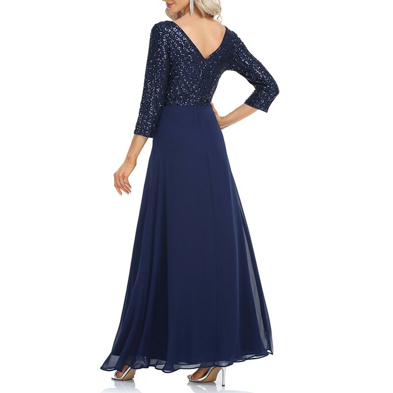 Jesienne suknie ślubne dla kobiet z długim rękawem dekoltem w szpic brokat świecący cekin niebieska sukienka o długości podłogi w sukienki druhen linii