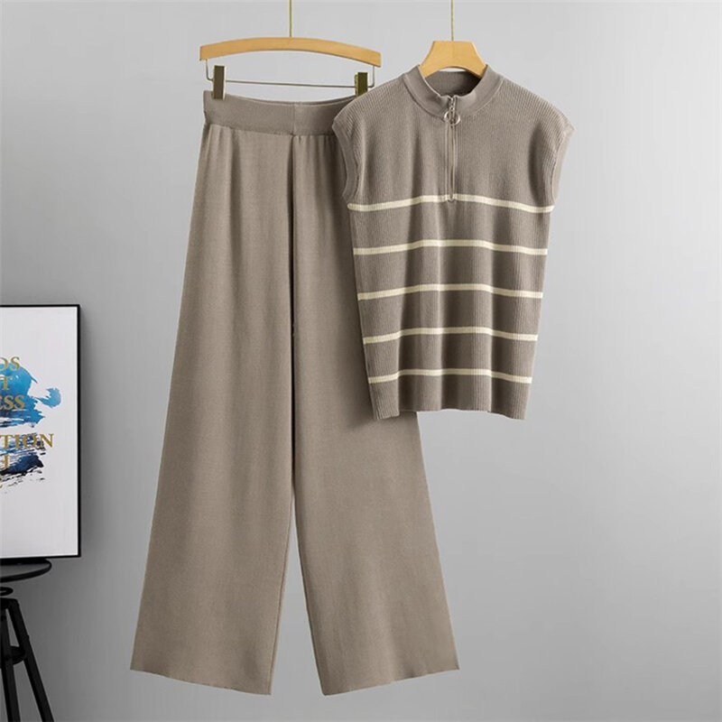 Модные вязаные кофты на молнии, полосатый пуловер с рукавами + широкие брюки с высокой талией, летний Повседневный трикотажный комплект из 2 предметов